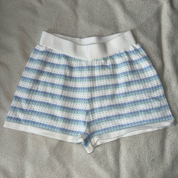 Striped Knit Polo Shirt Shorts Set Light Blue White Casual Lounge Wear - Picture 5 of 5